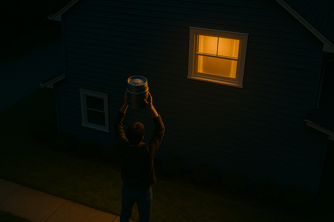 A man holding a beer keg over his hed, in front of a house at night. There is a lit window.