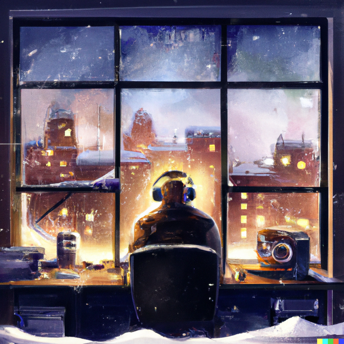 digital AI art of a man with headphones on sitting in front of a desk with speakers on it, a window with a winter city at night outside