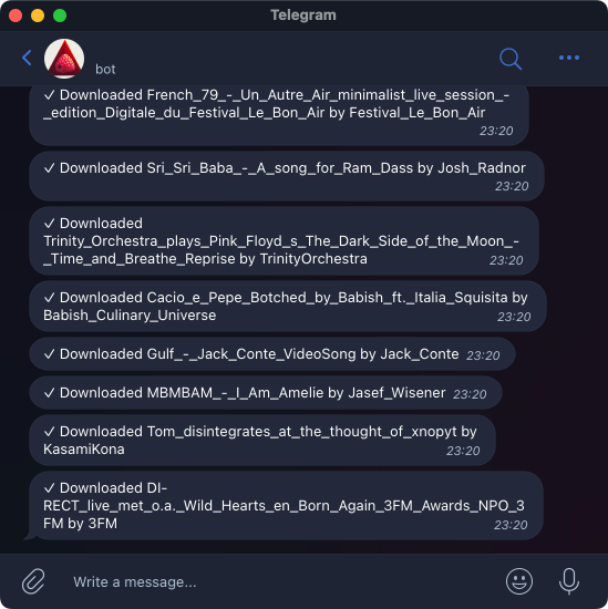 Screenshot of the Telegram Bot with messages for all downloaded videos