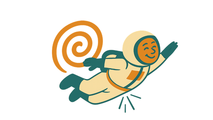 illustration of a happy astronaut flying away from a spiral, with lines indicating relieve coming from his buttocks