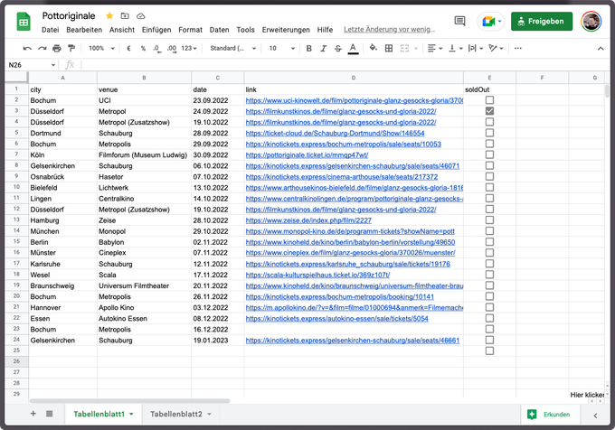 Screenshot of Tour Dates in Google Sheets